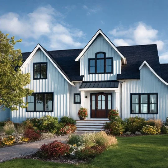White carpenter’s house with vertical board and batten siding, accented by black windows and a matching black roof.
